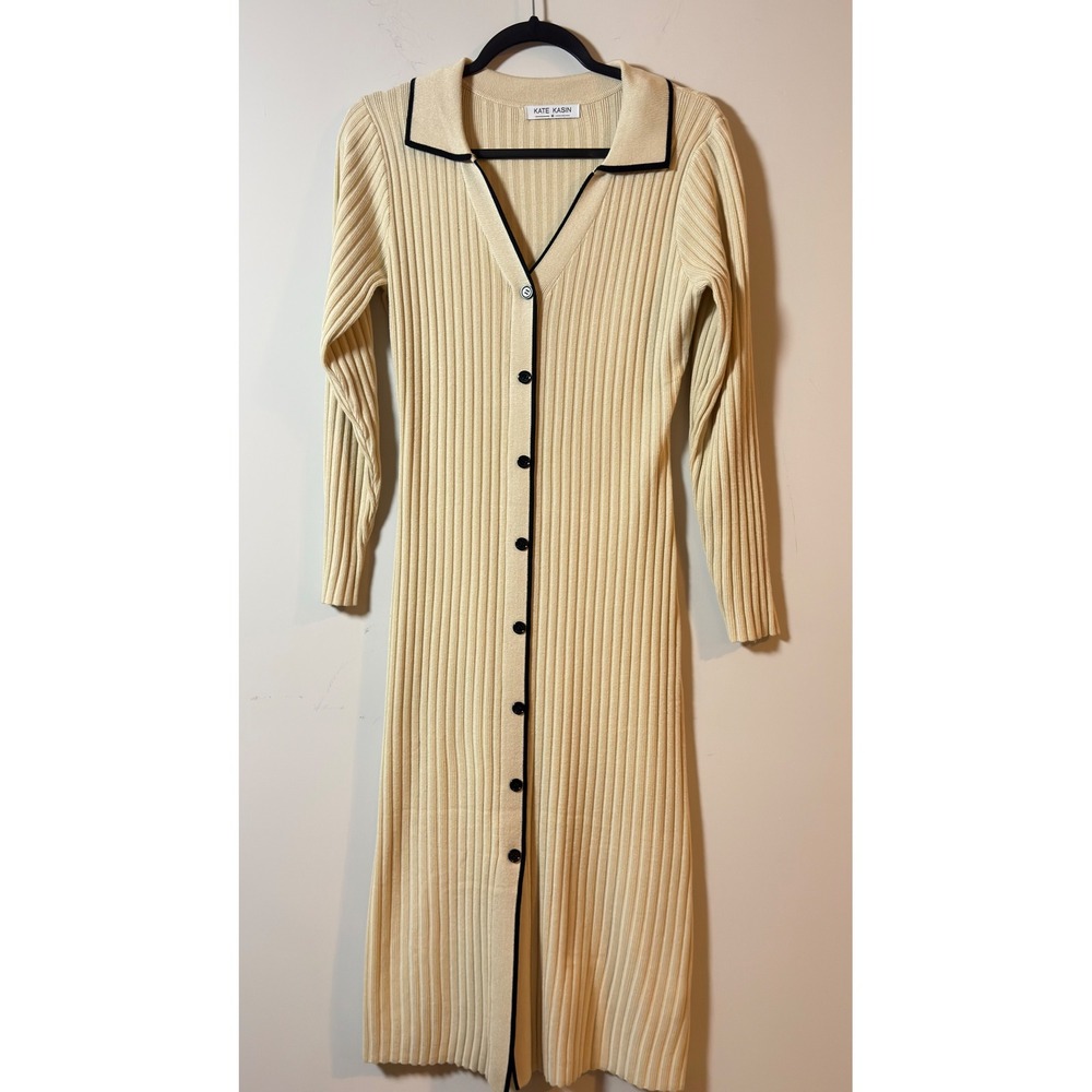 Kate Kasin Ribbed Knit Dress Cream Black Trim Button Front Women Size M